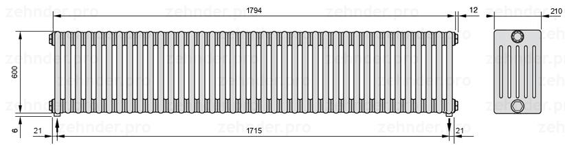 Схема (чертеж) Радиатор Zehnder Charleston 6060/39 №5310 Белый глянцевый RAL 9016